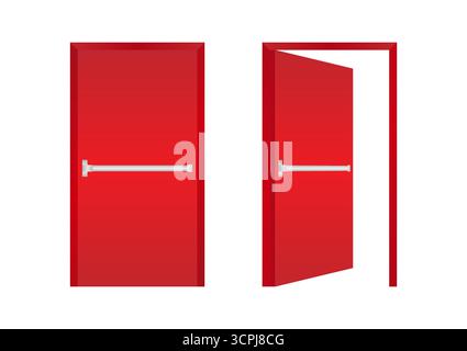 Porta di uscita antincendio di emergenza. Porta di uscita. Cartello di uscita antincendio sulla porta. Illustrazione vettoriale isolata su sfondo bianco. Illustrazione Vettoriale
