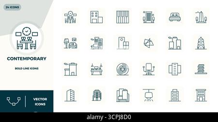 Icone vettoriali perfette a 24 PIXEL DI linea in grassetto per Contemporary, create con una risoluzione 128x128 per una straordinaria uniformità visiva in tutto il PL Illustrazione Vettoriale