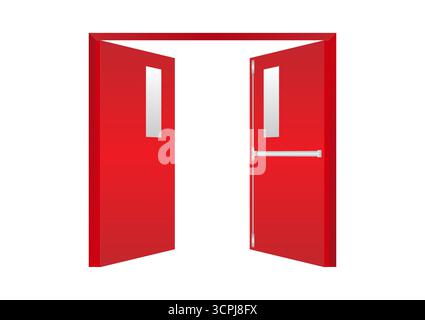 Porta di uscita antincendio di emergenza. Porta di uscita. Cartello di uscita antincendio sulla porta. Illustrazione vettoriale isolata su sfondo bianco. Illustrazione Vettoriale