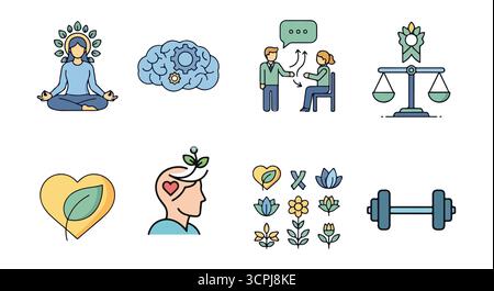 Insieme di icone salute mentale, benessere e equilibrio Illustrazione Vettoriale