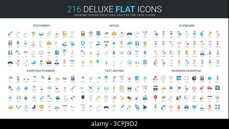 Set completo di icone piatte che coprono cancelleria, strumenti da ufficio, appunti, pianificatore, editing di testo, e gli elementi essenziali per la produttività e l'organizzazione, illustrazioni vettoriali isolate Illustrazione Vettoriale