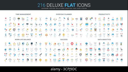Raccolta completa di icone piatte che copre la gestione del tempo, la pianificazione giornaliera, la produttività, l'equilibrio tra vita lavorativa e vita privata, il successo, e i concetti di analisi dei dati illustrazioni vettoriali isolate Illustrazione Vettoriale