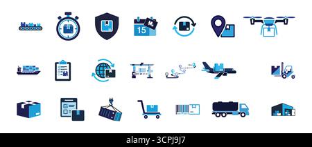 Set di icone logistiche e di consegna con simboli relativi al magazzino di trasporto e alla catena di approvvigionamento per le operazioni aziendali Illustrazione Vettoriale