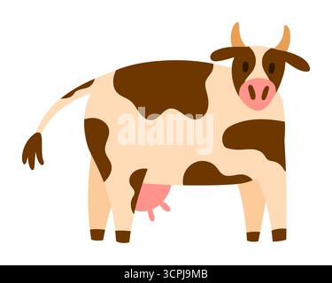 Vacca da latte maculata giocherellona con coda curva in piedi con calma, semplice stile piatto, isolata sul bianco. Ideale per aziende agricole, latte e progetti per bambini Illustrazione Vettoriale