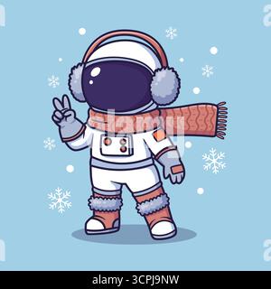 Grazioso astronauta in abito invernale che fa segno di pace . Illustrazione vettoriale Foto Stock