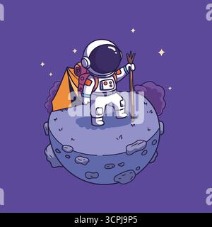 Carino astronauta Campeggio su Alien Planet . Illustrazione vettoriale Foto Stock