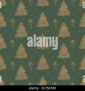 Motivo vettoriale vintage con un albero di Natale e archi. Pini dorati di Capodanno e archi su sfondo verde. Motivo natalizio retrò. Natale vintage. Illustrazione grafica vettoriale. Motivo festivo senza cuciture. Illustrazione Vettoriale