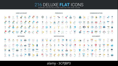 Set completo di icone piatte che coprono account utente, identificazione della persona, comunicazione, rete, notifica, e di gestione dei documenti, illustrazione vettoriale isolata Illustrazione Vettoriale