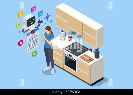 Illustrazione isometrica dell'assistente ai in cucina che aiuta la donna con la ricetta sullo smartphone. Concetto di cucina intelligente, supporto ai, apprendimento online Illustrazione Vettoriale