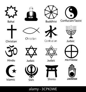 Religione simboli religiosi. Rendering vettoriale nitido e pulito, da usare come icone. È la religione comparata il tuo soggetto Syncretist Polytheist Symbols of Contemp Illustrazione Vettoriale