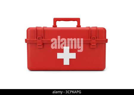 rendering 3d di una cassetta di pronto soccorso rossa con simbolo a croce bianca, isolata su sfondo bianco, che rappresenta emergenza, sicurezza e pre-trattamento medico essenziale Foto Stock