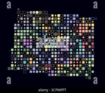 Colorado, forma dello stato costruita con celle colorate. Mappa digitale del Colorado su sfondo scuro. Blocchi quadrati arrotondati di grandi dimensioni. Illustrazione Vettoriale