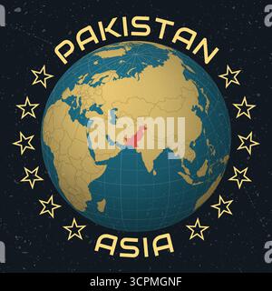 Repubblica Islamica del Pakistan su Globe. Nome del paese testo rotondo. Look vintage con texture graffiata graffiata. Illustrazione Vettoriale