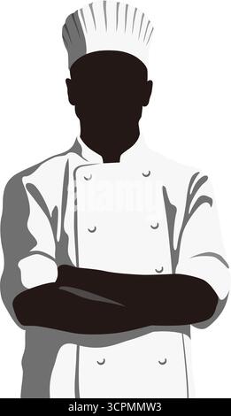 Silhouette Chef Vector monocromatica con bracci incrociati isolati su sfondo bianco. Illustrazione Vettoriale