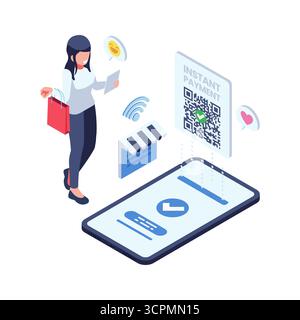 Cliente soddisfatto isometrico che utilizza il pagamento con codice QR per le transazioni istantanee. Economia dell'impazienza e concetto di pagamento istantaneo Illustrazione Vettoriale