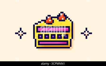 Pezzo di torta Pixel art con frutti di bosco in cima e due semplici stelle intorno. Illustrazione Vettoriale