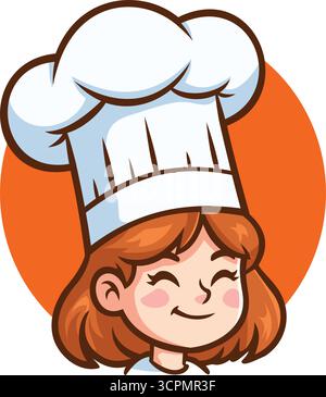 Un'immagine a fumetto di uno chef con capelli rossi e un cappello bianco. Lei sorride e sembra amichevole. L'immagine viene impostata su uno sfondo arancione Illustrazione Vettoriale