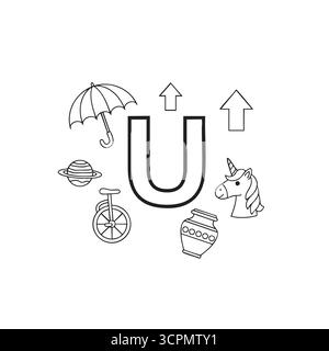 Pagina da colorare Letter U per bambini con unicorno e ombrello Illustrazione Vettoriale