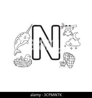 Pagina da colorare lettera N alfabeto per bambini Illustrazione Vettoriale