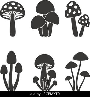 Set di sagome a fungo icone vettoriali isolate che mostrano varie forme di funghi per il design naturale, botanico e organico. Illustrazione Vettoriale