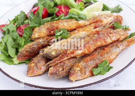 Pesce croccante fritto, con insalata fresca, su un piatto con lime, non c'è nessuno Foto Stock
