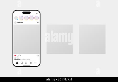 Modello di post mockup della sequenza di social network sul più recente telefono cellulare. Illustrazione vettoriale del layout vuoto dei social media Illustrazione Vettoriale