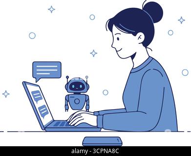 Concetto di ricerca. Personaggio che utilizza strumenti generativi di intelligenza artificiale per la ricerca o la navigazione in Internet. Donna che si integra con il robot. SEO Illustrazione Vettoriale