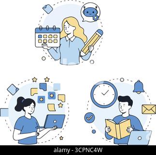 Impostazione pianificazione. Personaggi che utilizzano strumenti generativi di intelligenza artificiale per la gestione del tempo. Pianificazione, prestazioni delle attività, concetto di organizzazione del calendario Illustrazione Vettoriale