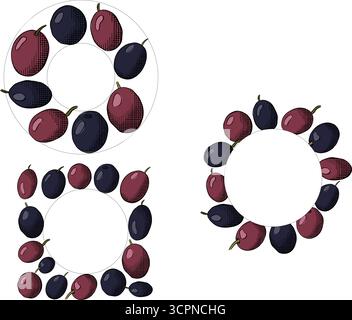 Dima quadrata circolare color oliva e frutti di bosco. Illustrazione colorata con inchiostro a linee grafiche vettoriali. Rosmarino senza frutti, telaio circolare a foglia d'alloro per cartoncino, alimenti c Illustrazione Vettoriale