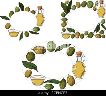 corona d'oliva, festa delle olive in Spagna, olio d'oliva, bacche verdi e foglie modello di cornice rettangolare ovale. Inchiostro a linee grafiche vettoriali a colori Illustrazione Vettoriale