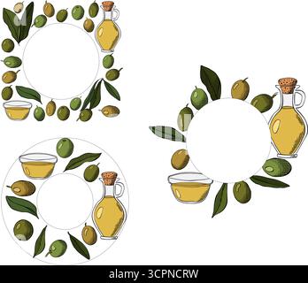 corona di olive, festa delle olive in Spagna, olio d'oliva, bacche verdi e foglie circolare circolare modello di cornice quadrata. Inchiostro a linee grafiche vettoriali colorato il Illustrazione Vettoriale