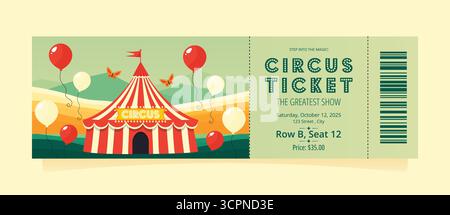 Illustrazione vettoriale del biglietto per lo spettacolo del circo d'epoca. Illustrazione Vettoriale