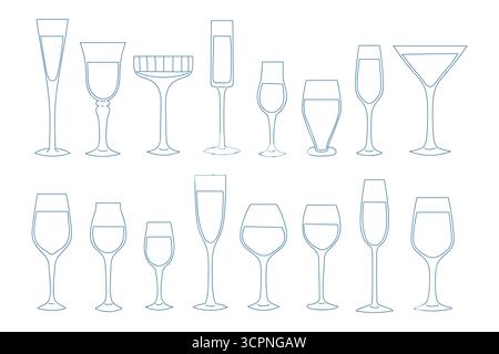 Questa opera d'arte presenta una serie di disegni in vetro illustrati in semplice stile line art. Ogni vetro sfoggia una forma unica, creando un dis elegante Illustrazione Vettoriale