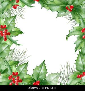 Biglietto di Natale con acquerello con foglie verdi e frutti di bosco. Modello per biglietti d'auguri, copertine, opuscoli, disegni di cartoline. Foto Stock