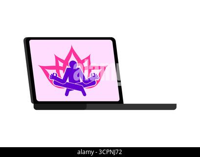 laptop con logo yoga online. Simbolo del benessere digitale, fitness remoto, meditazione e stile di vita sano. Illustrazione Vettoriale