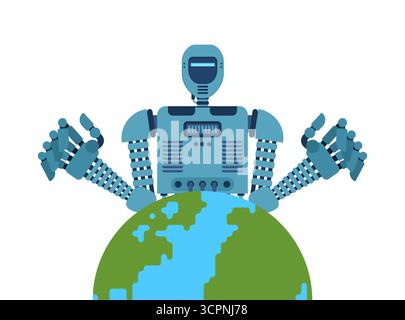 Gigantesco robot di intelligenza artificiale con armi in piedi sulla Terra, simboleggiando l'acquisizione globale dell'intelligenza artificiale, l'automazione, la robotica e il futuro domi tecnologico Illustrazione Vettoriale