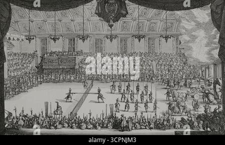 Francia. Le Combat a la Barrière (Combat at the Barrier). Hall dove il Gran Torneo si tenne al Palazzo Ducale di Nancy il 14 febbraio 1627. Le celebrazioni si tennero in onore della duchessa di Chevreuse. La storia dell'evento fu pubblicata da Henry Humbert, illustrato con una serie di incisioni dell'artista francese Jacques Callot (1592-1635). Incisione di Huyot basata su uno di loro. XVI siècle: lettres, Sciences et Arts, France 1590-1700 (XVII secolo: Lettere, scienze e arti), di Paul Lacroix. Pubblicato a Parigi da Librairie de Firmin-Didot et Cie, 1882. Foto Stock