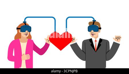 Incontri VR. Uomo e donna in cuffie per realtà virtuale collegate da un cuore rosso, che simboleggiano incontri online, romanticismo virtuale, comunica digitale immersiva Illustrazione Vettoriale
