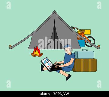 campeggio con tenda, fuoco, valigia e uomo che lavora su un computer portatile. Simbolo di nomadi digitali, freelance e lavoro all'aperto. Perfetto per i viaggi e la vita Illustrazione Vettoriale
