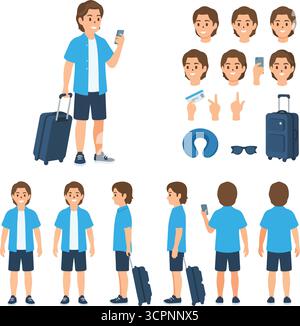 Giovane uomo che indossa abiti estivi e tiene in mano il bagaglio da viaggio. Costruttore di caratteri per l'animazione. Set per la visualizzazione anteriore, laterale e posteriore. Parti del corpo, posture, pos Illustrazione Vettoriale