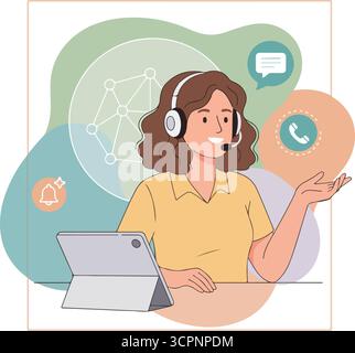 Operatore hotline donna che indossa cuffie e microfono sul laptop. Call center, servizio clienti, concetto di assistenza. Illustrazione vettoriale. Illustrazione Vettoriale