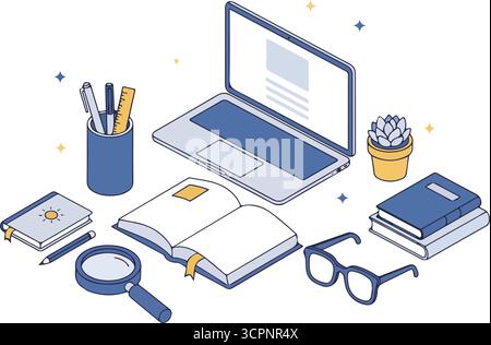 Una simpatica scrivania femminile con laptop, libri, appunti, adesivi. Modello Y2K per isometria retrò alla moda per sfondo, banner e poster. Illustrazione vettoriale di linea isometrica Illustrazione Vettoriale