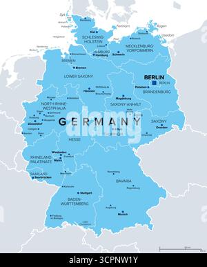 Germania, un paese dell'Europa centrale con Berlino capitale, mappa politica blu. La Repubblica federale di Germania è suddivisa in 16 stati costituenti. Foto Stock