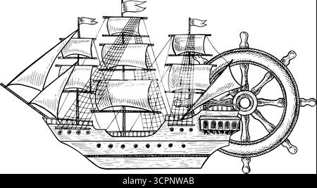 Una vecchia nave con vele e volante. Grafica in bianco e nero, illustrazioni vettoriali disegnate a mano. Per giochi e feste per bambini. Per Illustrazione Vettoriale