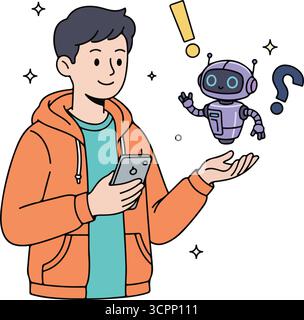 Concetto di tecnologia AI. Personaggio che utilizza lo strumento assistente di intelligenza artificiale, chatbot per le attività quotidiane, la ricerca e la risposta alle domande. Illustrazione vettoriale Illustrazione Vettoriale