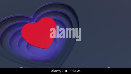 Un'immagine visivamente sorprendente con un audace cuore rosso al centro. Stratificato all'interno di forme cardiache concentriche. rendering 3d. Foto Stock