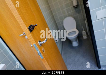 Una vista della piccola lavanda esterna mostra la porta in legno che si apre. All'interno si trova una toilette in ceramica bianca luminosa contro pareti in piastrelle grigie con un semplice Foto Stock