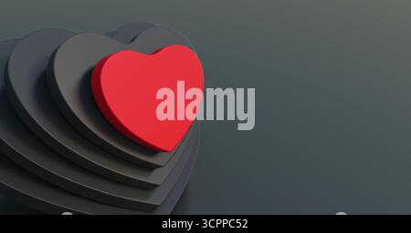 Cuore rosso su sfondo a strati di forme scure. Illustrazione 3D che mostra un cuore rosso sovrapposto a basi a forma di cuore grigio scuro. rendering 3d. Foto Stock