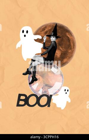 Disegno di tendenza del collage fotografico 3D composito di luna fantasma cielo di mezzanotte giovane donna seduto a bolla notte buia spaventoso poster magico di halloween Foto Stock