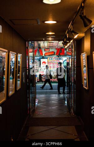 TOKYO, GIAPPONE - 27 OTTOBRE 2024 - immagine verticale da un corridoio buio per le strade con luci al neon che illuminano il centro commerciale di Tokyo, Foto Stock